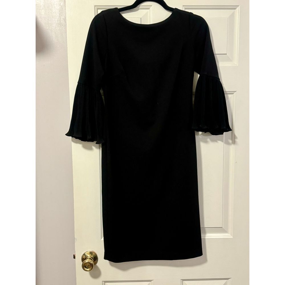 Calvin Klein Black Bell Sleeve Dress Gold Zipper Elegant Cocktail Size 4